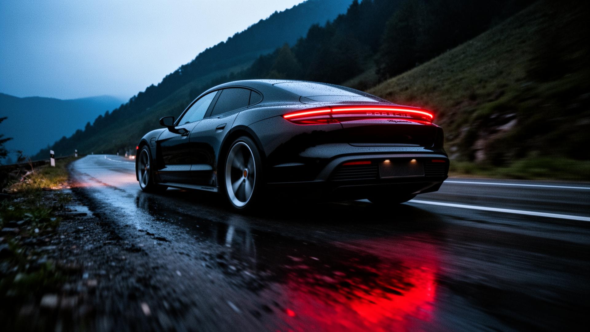 Чорний Porsche Taycan на гірській дорозі вночі